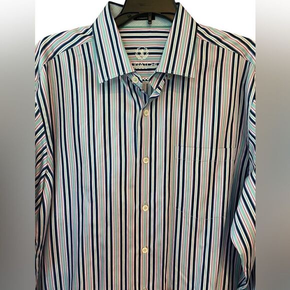 Bugatchi Sz XL* Seafoam Green Navy Blue Stripes Plaid Flip Cuffs Dress Shirt - Picture 4 of 7